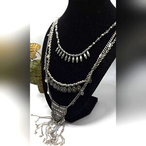 "5/$25" Long Layered Multistrand Silvertone Tassel Adjustable Necklace